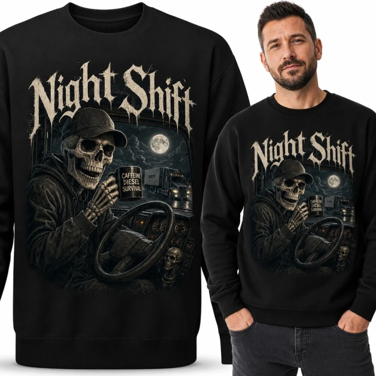 Bluza męska bez kaptura dla kierowcy ciężarówki „Night Shift” - mroczny szkielet