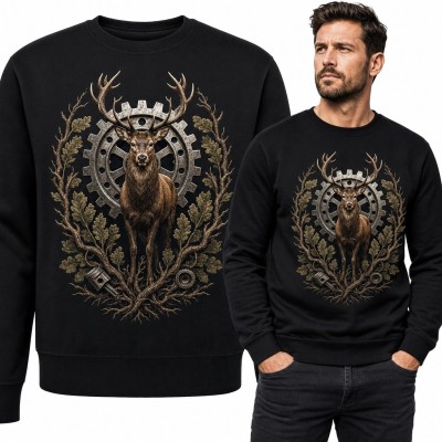 Bluza męska bez kaptura z jeleniem, kołem zębatym i dębowym ornamentem