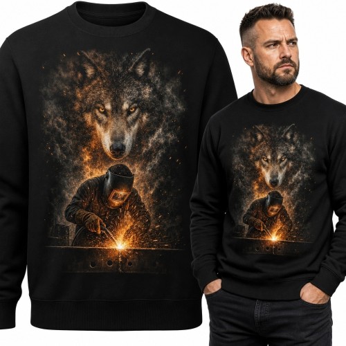 Bluza męska bez kaptura - spawacz i wilk wśród iskier