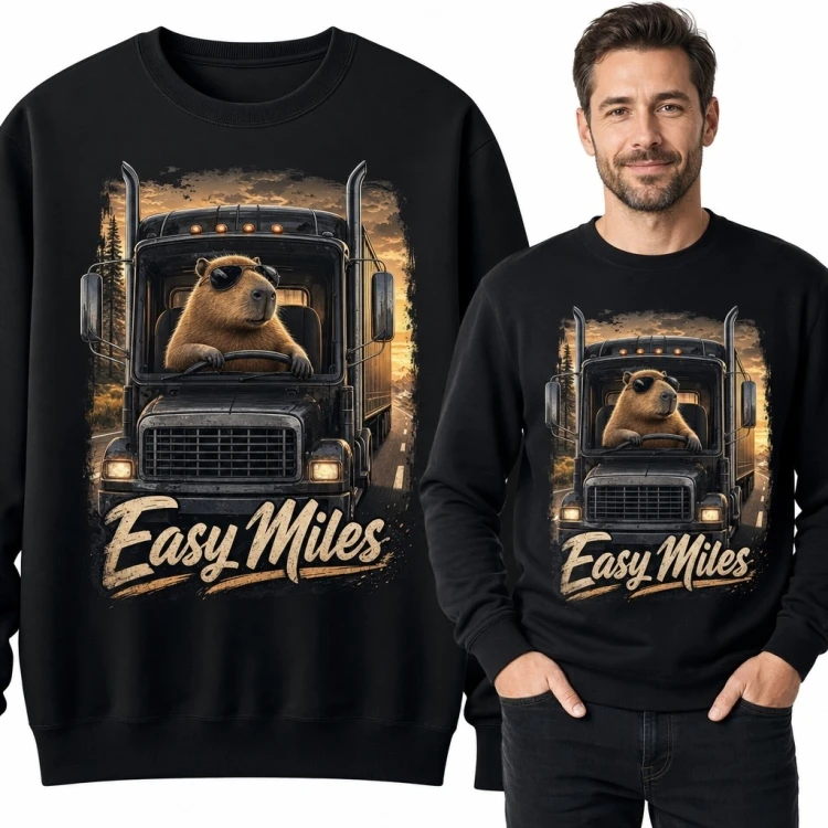 Bluza męska bez kaptura z kapibarą za kierownicą ciężarówki - „Easy Miles”