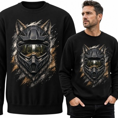 Bluza męska bez kaptura z wilkiem w kasku terenowym - motyw motocrossowy