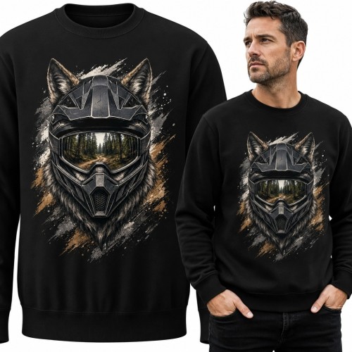 Bluza męska bez kaptura z wilkiem w kasku terenowym - motyw motocrossowy