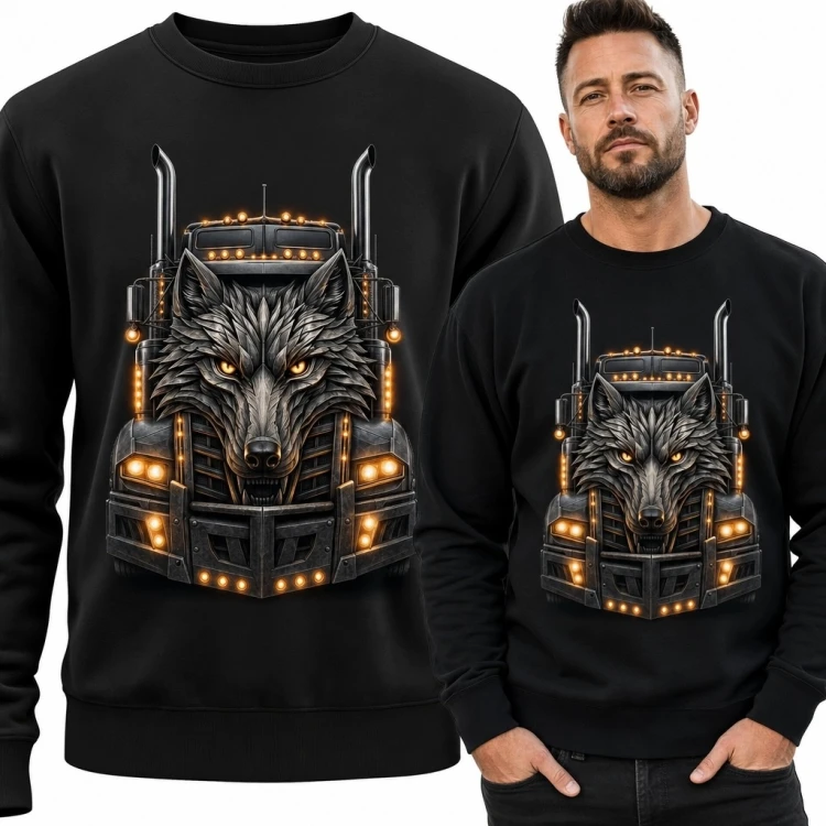 Bluza męska bez kaptura - wilk i amerykańska ciężarówka