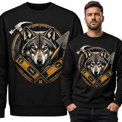 Bluza męska bez kaptura z wilkiem i narzędziami budowlanymi