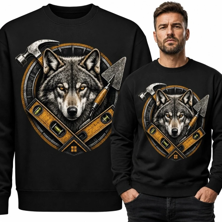 Bluza męska bez kaptura z wilkiem i narzędziami budowlanymi