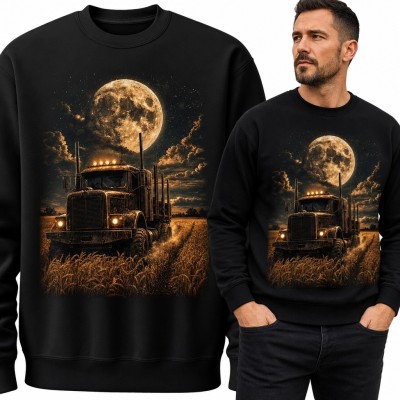 Bluza męska bez kaptura z ciężarówką pod pełnią księżyca - nocny motyw