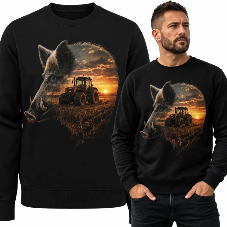 Bluza męska bez kaptura z dzikiem i traktorem - zachód słońca