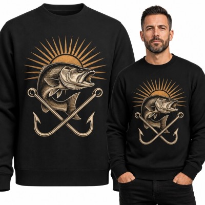 Bluza męska bez kaptura z drapieżną rybą i haczykami - retro wzór wędkarski