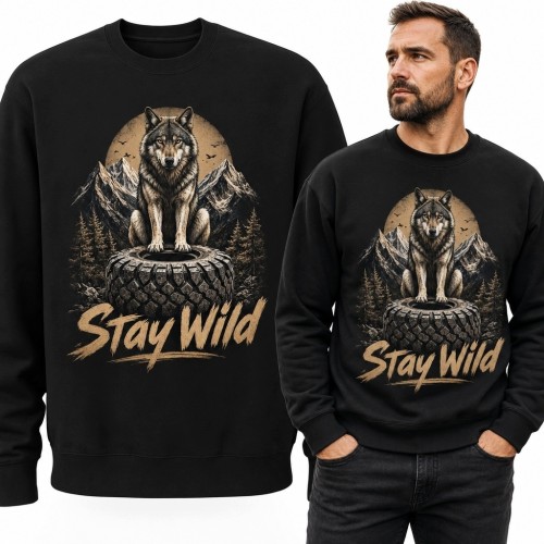Bluza męska bez kaptura z wilkiem i napisem „Stay Wild” - górski motyw outdoorowy
