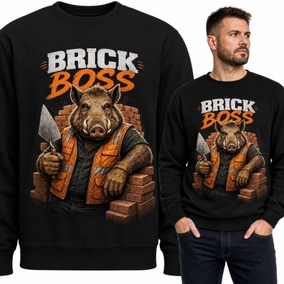 Bluza męska bez kaptura dla murarza - dzik i napis „Brick Boss”