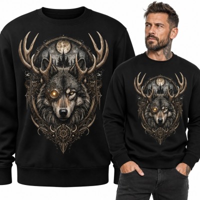 Bluza męska bez kaptura z mistycznym wilkiem - księżyc, las i poroża