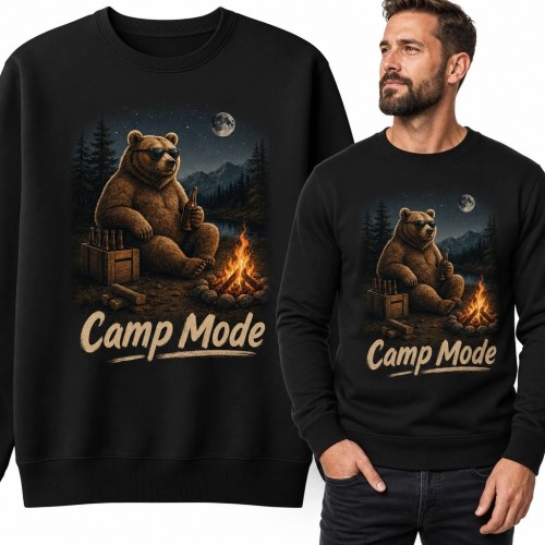 Bluza męska bez kaptura „Camp Mode” - niedźwiedź przy ognisku