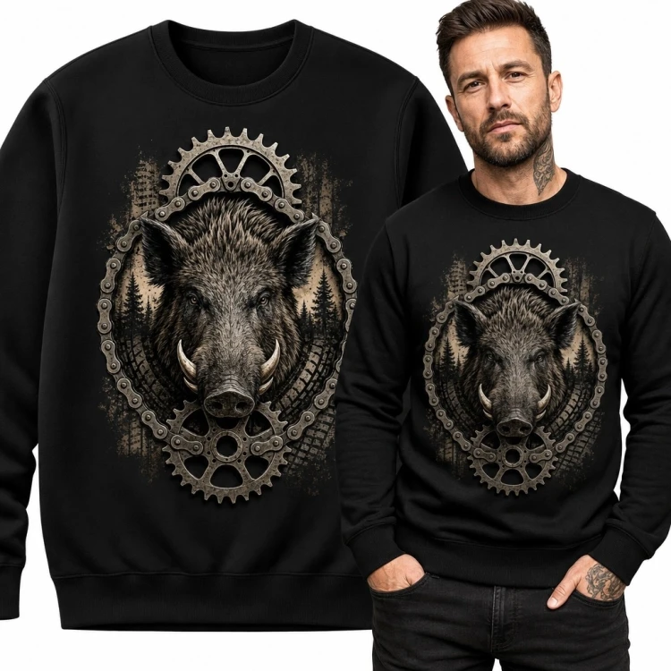 Bluza męska bez kaptura z dzikiem i industrialną ramą - leśny motyw vintage