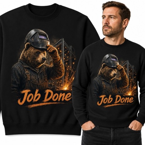 Bluza męska bez kaptura dla spawacza „Job Done” - niedźwiedź i iskry