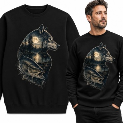 Bluza męska bez kaptura z wilkiem, nocnym jeziorem i dużą rybą - motyw wędkarski
