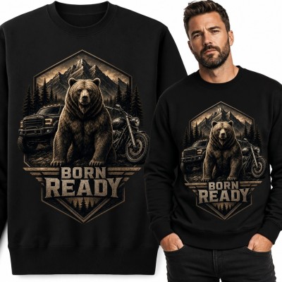 Bluza męska bez kaptura z niedźwiedziem „Born Ready” - góry, pickup i motocykl