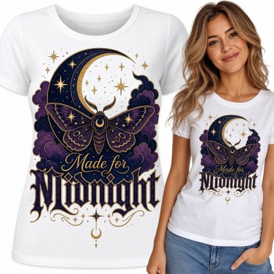 Koszulka damska z ćmą i księżycem „Made for Midnight” - gotycki motyw