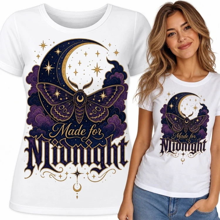 Koszulka damska z ćmą i księżycem „Made for Midnight” - gotycki motyw