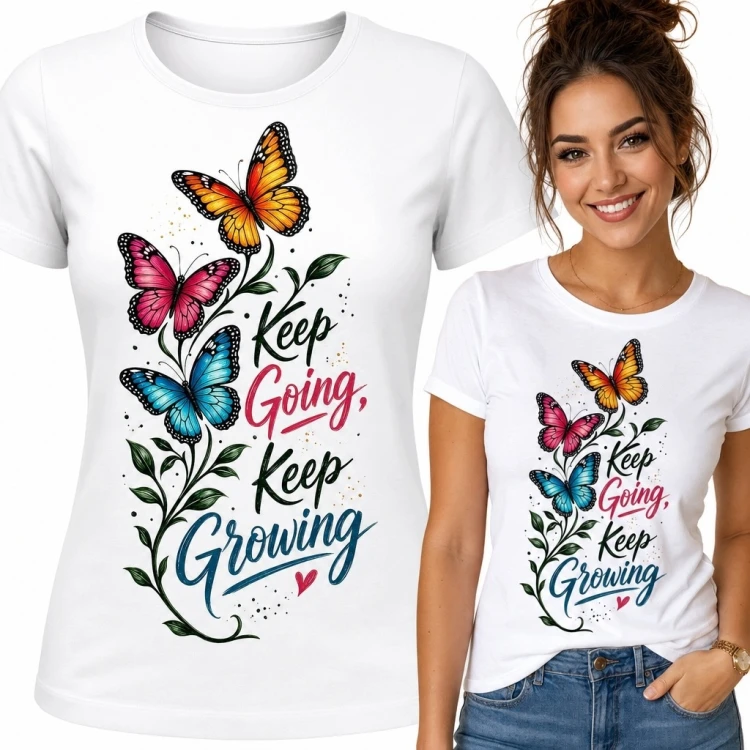 Koszulka damska z motylami i napisem „Keep Going, Keep Growing” - botaniczny wzór