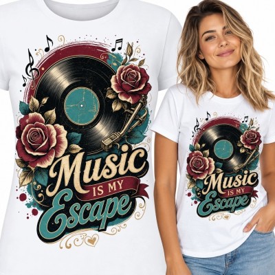Koszulka damska z płytą winylową i różami „Music is my Escape”