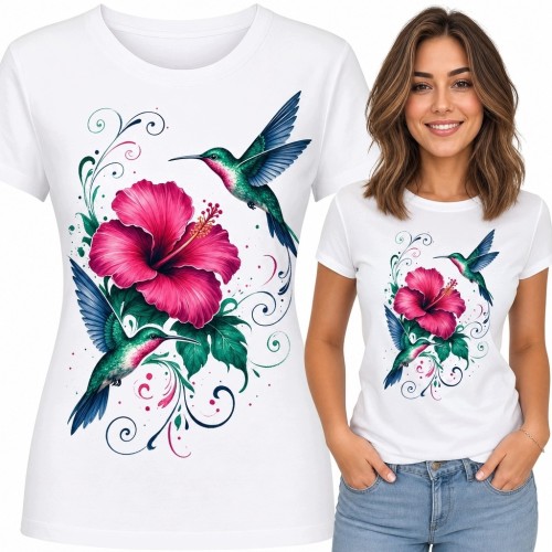 Koszulka damska z różowym hibiskusem i kolibrami - akwarelowy motyw tropikalny