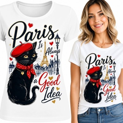 Koszulka damska z kotem i Paryżem „Paris Is Always a Good Idea” - francuski szyk