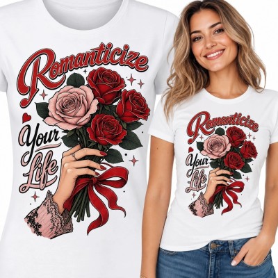 Koszulka damska z różami „Romanticize your Life” - romantyczny wzór retro tattoo