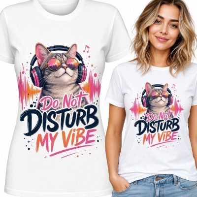 Koszulka damska z kotem DJ-em „Do Not Disturb My Vibe” - muzyczny nadruk