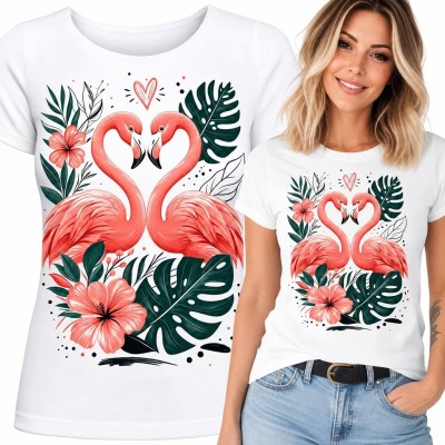 Koszulka damska z parą flamingów i hibiskusami - romantyczny motyw serca