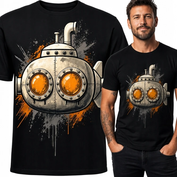 Koszulka męska z retroindustrialną łodzią podwodną - steampunkowy motyw
