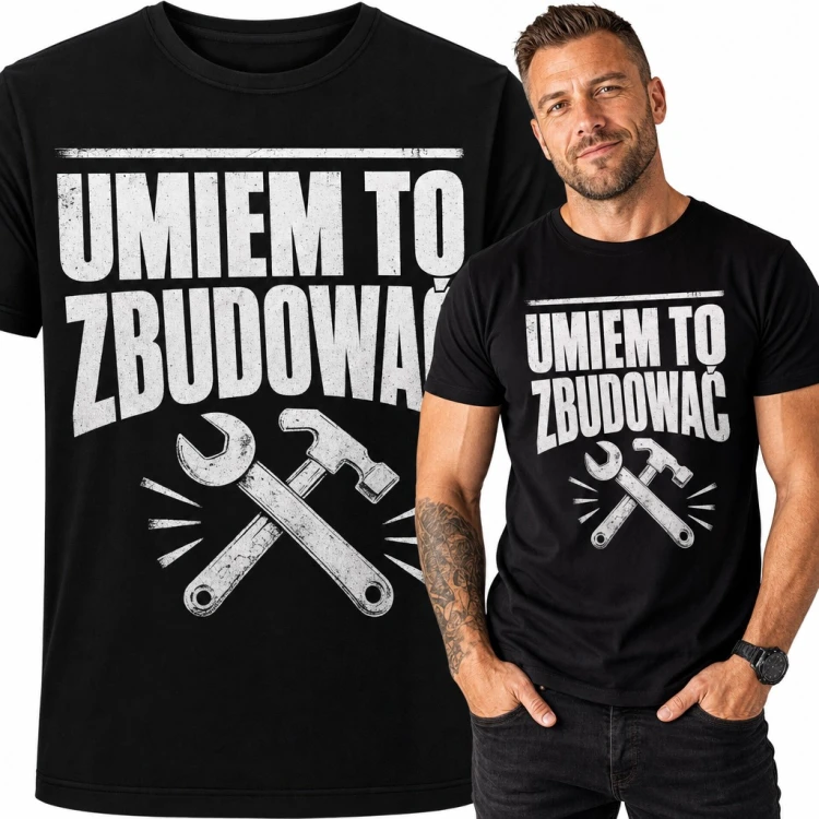 Koszulka męska „Umiem to zbudować” z młotkiem i kluczem dla majsterkowicza