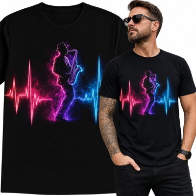 Koszulka męska neonowy saksofonista i linia pulsu - jazz