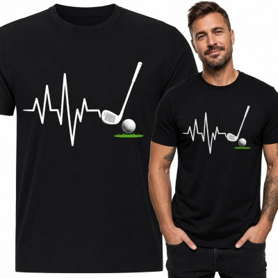 Koszulka męska golf - puls EKG z kijem golfowym i piłką