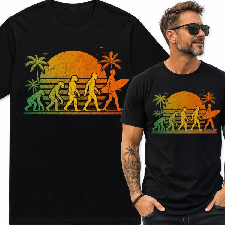 Koszulka męska ewolucja surfera - od małpy do deski surfingowej w stylu retro