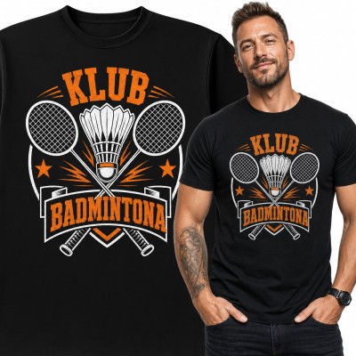 Koszulka męska „Klub badmintona” - emblemat z lotką i rakietkami dla badmintonisty