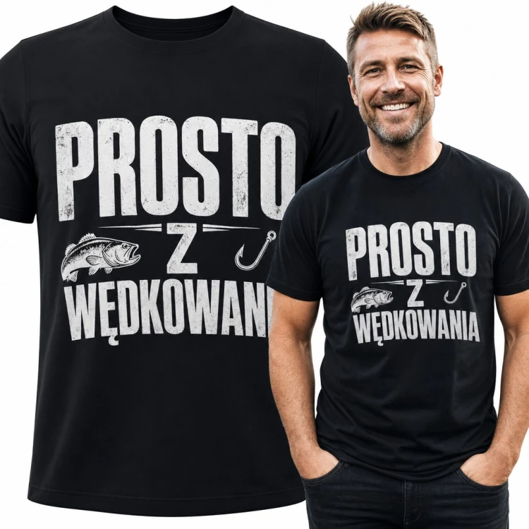 Koszulka męska „Prosto z wędkowania” z rybą i haczykiem - dla wędkarza