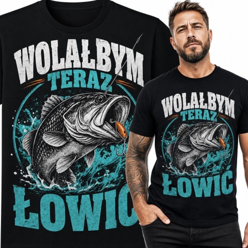 Koszulka męska „Wolałbym teraz łowić” z okoniem atakującym wobler