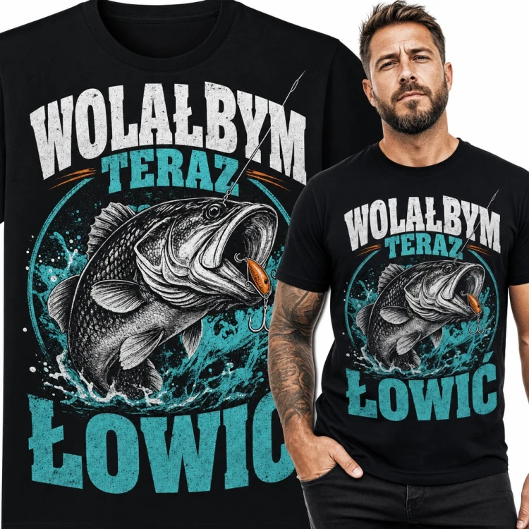 Koszulka męska „Wolałbym teraz łowić” z okoniem atakującym wobler