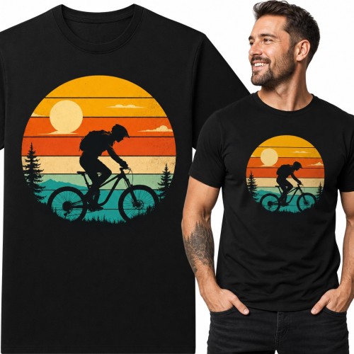 Koszulka męska z rowerzystą MTB na tle retro zachodu słońca