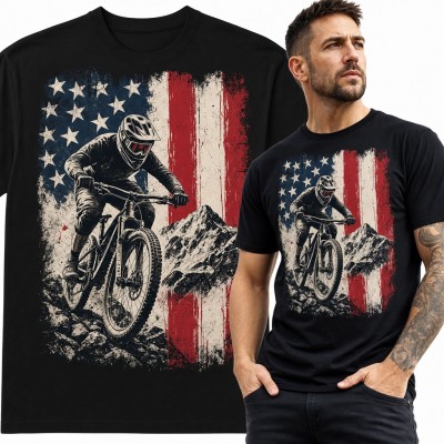 Koszulka męska rowerzysta MTB na tle flagi USA i gór
