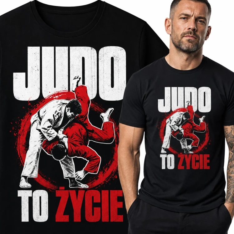 Koszulka męska judo - dwóch judoków w rzucie „Judo to życie”