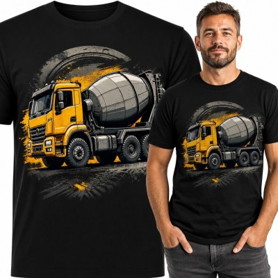 Koszulka męska z żółtą betoniarką - industrialny wzór grunge