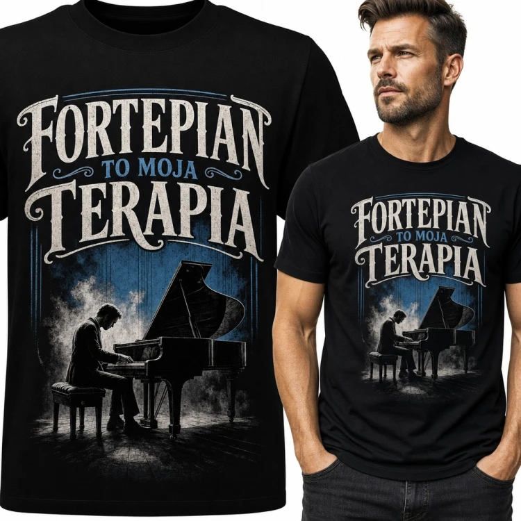 Koszulka męska „Fortepian to moja terapia” - pianista przy instrumencie