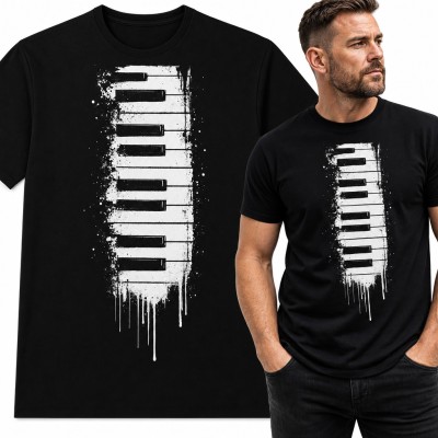Koszulka męska z klawiaturą fortepianu - spływająca farba dla pianisty