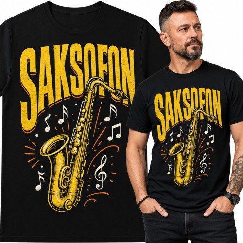Koszulka męska „Saksofon” - złoty sax z nutami dla saksofonisty