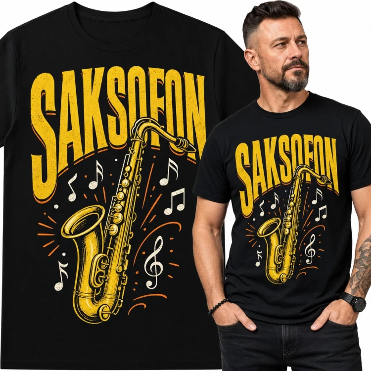 Koszulka męska „Saksofon” - złoty sax z nutami dla saksofonisty
