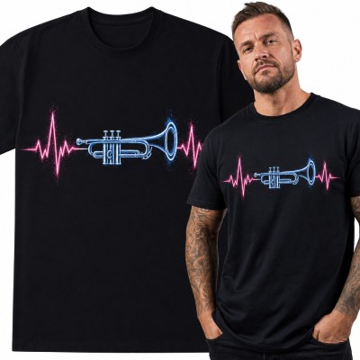 Koszulka męska z neonową trąbką na linii pulsu EKG dla trębacza