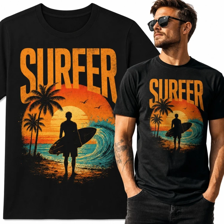 Koszulka męska „Surfer” - sylwetka z deską na tle fali i zachodu słońca
