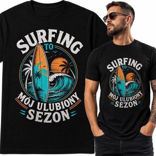 Koszulka męska „Surfing to mój ulubiony sezon” - deska, fala i palmy dla surfera