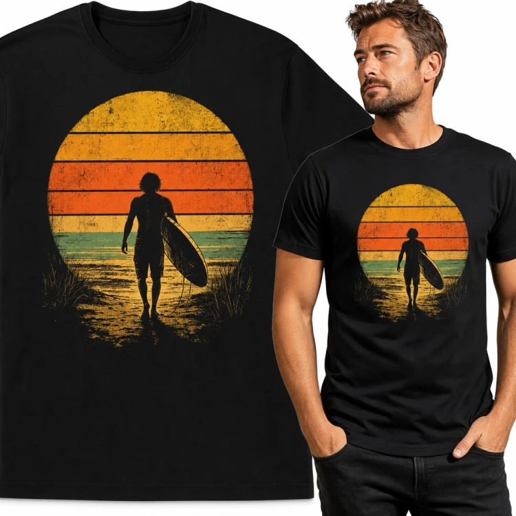 Koszulka męska surfer z deską na tle retro zachodu słońca